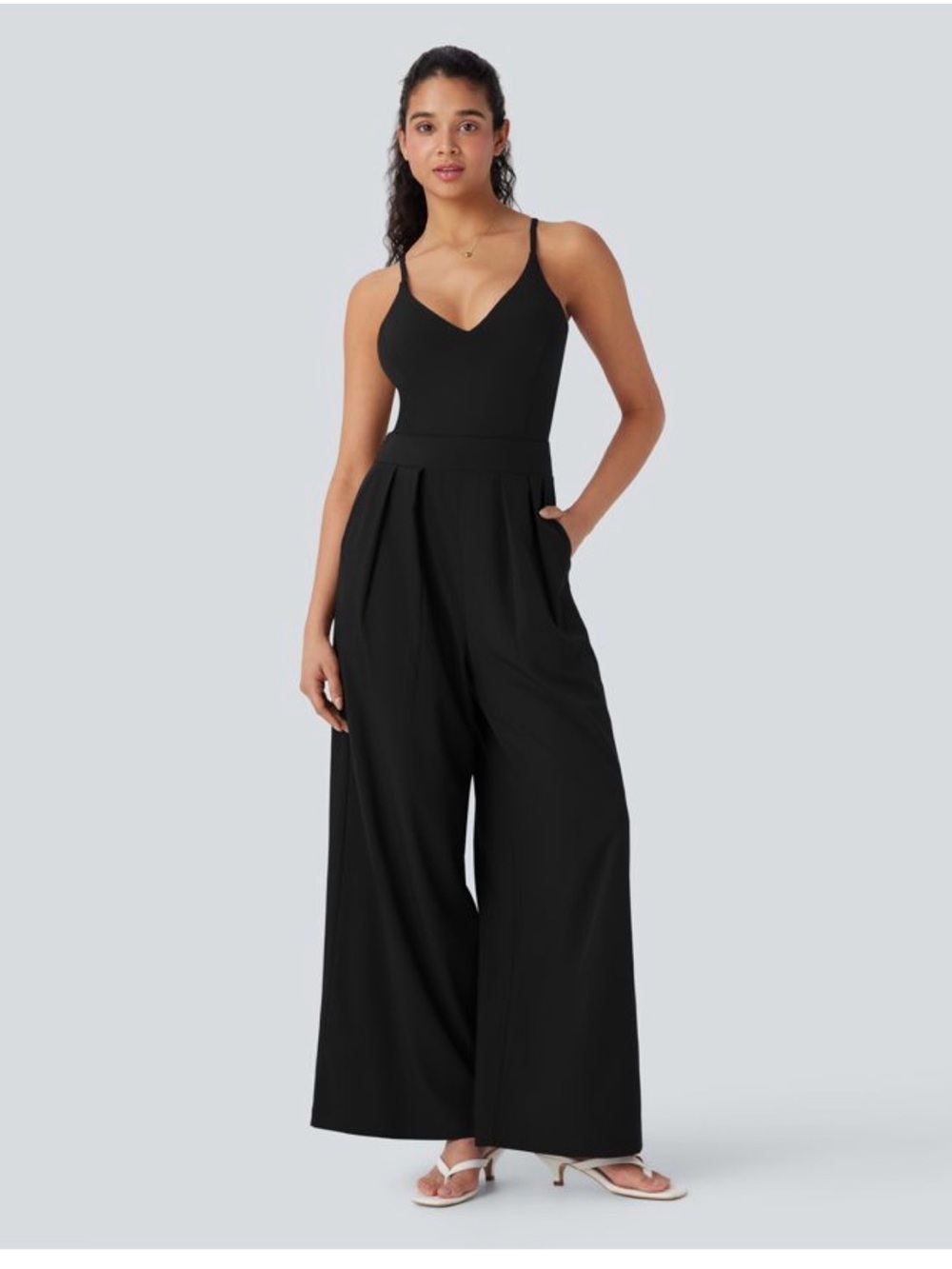 HALARA Black Double-Strap V-Neck Wide-Leg Jumpsuit